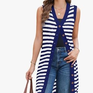 Navy and White NWT Striped Women's Long Sweater Vest